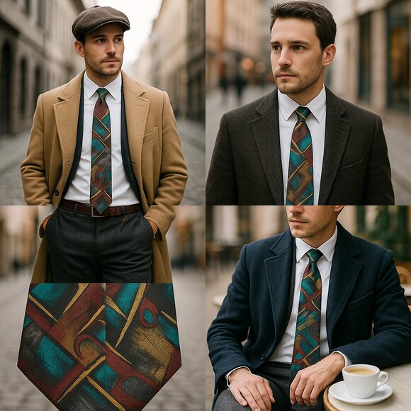🎨 Vintage Dino Orsini Abstract Silk Tie — Teal Maroon & Gold Art-Print